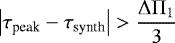 Mathematical equation: \begin{equation*}\left| \tau_{\textrm{peak}} - \tau_{\textrm{synth}} \right| > \frac{{\mathrm \Delta}{\mathrm \Pi}_{{1}}}{3} \end{equation*}