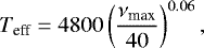 Mathematical equation: \begin{equation*}T_{\textrm{eff}} = 4800 \left(\frac{\nu_{\textrm{max}}}{40}\right)^{0.06}, \end{equation*}