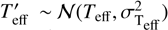 Mathematical equation: $ T_\text{eff}^'\;\sim\;\mathcal N{(T_\text{eff},\sigma_{T_\text{eff}}^2)} $