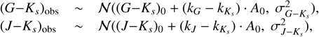 Mathematical equation: $$ \begin{array}{ccc}{\begin{array}{c}(G-K_s)\end{array}}_\text{obs}&\sim&\mathcal N{({(G-K_s)}_0+{(k_G-k_{K_s})}\cdot A_0,\sigma_{G-K_s}^2)},\\{\begin{array}{c}(J-K_s)\end{array}}_\text{obs}&\sim&\mathcal N{({(J-K_s)}_0+{(k_J-k_{K_s})}\cdot A_0,\sigma_{J-K_s}^2)},\end{array} $$