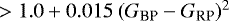 $>1.0+0.015\ (G_{\textrm{BP}}-G_{\textrm{RP}})^2$