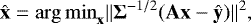 Mathematical equation: \begin{equation*} \hat{\mathbf{x}} = {\rm{arg\,min}}_{\mathbf{x}} \|\mathbf{\Sigma}^{-1/2}(\mathbf{A}\mathbf{x} - \hat{\mathbf{y}}) \|^2,\end{equation*}