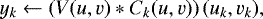 Mathematical equation: \begin{equation*} y_k \gets \left( V(u,v) \ast C_{k}(u,v) \right)(u_k,v_k),\end{equation*}