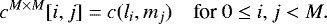 Mathematical equation: \begin{equation*} c^{M\times M}[i,j] = c(l_i, m_j) \quad \text{for } 0 \leq i,j < M .\end{equation*}