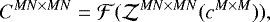 Mathematical equation: \begin{equation*} C^{MN \times MN} = \mathcal{F}(\mathcal{Z}^{MN \times MN}({c^{M \times M}})) , \end{equation*}