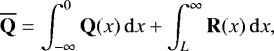 Mathematical equation: \begin{equation*} \mathbf{\overline{Q}} = \int_{-\infty}^{0} \mathbf{Q}(x)\,\mathrm{d}x + \int_{L}^{\infty} \mathbf{R}(x)\,\mathrm{d}x,\vspace*{-3pt}\end{equation*}
