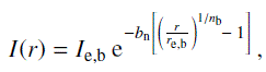 Mathematical equation: $$ I{(r)}=I_{\mathrm e,\mathrm b}\mathrm e^{-b_\mathrm n\left[{\left(\frac r{r_{\mathrm e,\mathrm b}}\right)}^{1/n_\mathrm b}-1\right]}, $$