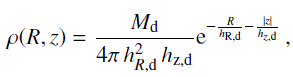 Mathematical equation: $$ \rho{(R,z)}=\frac{M_\mathrm d}{4\pi\;h_{R,\mathrm d}^2h_{\mathrm z,\mathrm d}}\mathrm e^{-\frac R{h_{\mathrm R,\mathrm d}}-\frac{\vert z\vert}{h_{z,\mathrm d}}}, $$