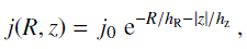 Mathematical equation: $$ j{(R,z)}=j_0\mathrm e^{-R/h_\mathrm R-_{\vert z\vert/h_\mathrm z}}, $$