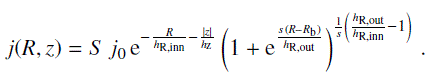 Mathematical equation: $$ j{(R,z)}=S\;j_0\mathrm e^{-\frac R{h_{\mathrm R,\;\mathrm{inn}}}-\frac{\vert z\vert}{h_\mathrm z}}{\left(1+\mathrm e^\frac{s{(R-R_\mathrm b)}}{h_{\mathrm R,\mathrm{out}}}\right)}^{\frac1s{\left(\frac{h_{\mathrm R,\mathrm{out}}}{h_{\mathrm R,\mathrm{inn}}}-1\right)}}. $$