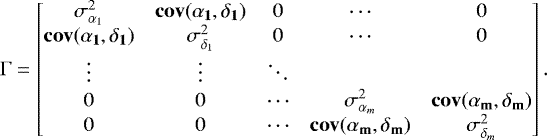 \[ \mathrm{\Gamma} = \begin{bmatrix} \sigma_{\alpha_1}^2 & \mathbf{cov(\alpha_1,\delta_1)} & 0 & \cdots & 0 \\ \mathbf{cov(\alpha_1,\delta_1)} & \sigma_{\delta_1}^2 & 0 & \cdots & 0\\ \vdots & \vdots & \ddots\\ 0 & 0 & \cdots & \sigma_{\alpha_m}^2 & \mathbf{cov(\alpha_m,\delta_m)} \\ 0 & 0 & \cdots & \mathbf{cov(\alpha_m,\delta_m)} & \sigma_{\delta_m}^2\\ \end{bmatrix}. \]