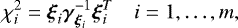 \[ \chi_i^2 = \bxi_i \boldsymbol{\gamma}^{-1}_{\bxi_i} \bxi_i^T \quad i=1,\dots,m, \]