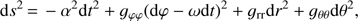 Mathematical equation: $ \begin{equation} {\rm d}s^2\,{=}\, -\alpha^2{\rm d}t^2 + g_{\varphi\varphi}({\rm d}\varphi-\omega {\rm d}t)^2 + g_{\rm {rr}}{\rm d}r^2 + g_{\theta\theta}{\rm d}\theta^2, \end{equation} $