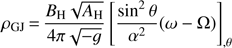 Mathematical equation: $ \begin{equation} \rho_{\rm {GJ}}\,{=}\,\frac{B_{\rm H}\sqrt{A_{\rm H}}}{4\pi \sqrt{-g}} \left[\frac{\sin^2\theta}{\alpha^2}(\omega-\Omega)\right]_{,\theta} \end{equation} $