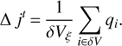 Mathematical equation: $ \Delta {{j}^{t}}=\frac{1}{\delta {{V}_{\xi }}}\sum\limits_{i\in \delta V}{{{q}_{i}}}. $