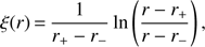 Mathematical equation: $ \begin{equation} \xi(r)\,{=}\,\frac{1}{r_+-r_-}\ln\left( \frac{r-r_+}{r-r_-} \right), \end{equation} $