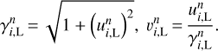 Mathematical equation: $ \begin{equation} \gamma^{n}_{i,{\rm L}}\,{=}\,\sqrt{1+\left(u^n_{i,{\rm L}}\right)^2},~v^n_{i,{\rm L}}\,{=}\,\frac{u_{i,{\rm L}}^n}{\gamma_{i,{\rm L}}^n}. \end{equation} $
