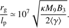 Mathematical equation: $ \begin{equation} \frac{r_{\rm g}}{l_{\rm p}} \,{\simeq}\, 10^7\sqrt{\frac{\kappa M_9 B_3}{2\langle\gamma\rangle}}. \end{equation} $