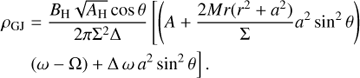 Mathematical equation: $ \begin{align} \rho_{\rm {GJ}} &= \frac{B_{\rm H}\sqrt{A_{\rm H}}\cos\theta}{2\pi \Sigma^2 \Delta }\left[\left(A+\frac{2Mr(r^2+a^2)}{\Sigma}a^2\sin^2\theta \right)\right. \nonumber\\ &\left.(\omega-\Omega)+\Delta\,\omega\,a^2\sin^2\theta\right]. \end{align} $