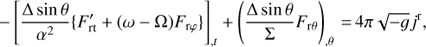 Mathematical equation: $ \begin{equation} -\left[\frac{\Delta \sin\theta}{\alpha^2}\{F^\prime_{\rm {rt}}+(\omega-\Omega) F_{{\rm r} \varphi}\}\right]_{,t} +\left(\frac{\Delta\sin\theta}{\Sigma}F_{{\rm r}\theta}\right)_{,\theta}\,{=}\,4\pi\sqrt{-g}j^{\rm r},\end{equation} $