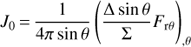 Mathematical equation: $ \begin{equation} J_0\,{=}\,\frac{1}{4\pi \sin\theta}\left(\frac{\Delta\sin\theta}{\Sigma}F_{{\rm r}\theta}\right)_{,\theta} \end{equation} $