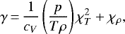 Mathematical equation: \begin{equation*} \gamma\,{=}\,\frac{1}{c_{{V}}}\left(\frac{p}{T \rho}\right)\chi_{T}^{2}+\chi_{\rho}, \end{equation*}