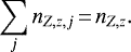 Mathematical equation: \begin{equation*} \sum_{j}n_{Z,z,j}\,{=}\,n_{Z,z}. \end{equation*}