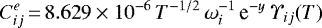 Mathematical equation: \begin{equation*} C^{e}_{ij}\,{=}\,8.629\times 10^{-6}\,T^{-1/2}\,\omega^{-1}_{i}\, \textrm{e}^{-y}\, \Upsilon_{ij}(T) \end{equation*}