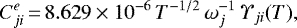 Mathematical equation: \begin{equation*} C^{e}_{ji}\,{=}\,8.629\times 10^{-6}\,T^{-1/2}\,\omega^{-1}_{j}\, {\Upsilon}_{ji}(T), \end{equation*}