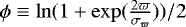 Mathematical equation: $\phi\equiv\ln(1+\exp(\frac{2\varpi}{\sigma_{\varpi}}))/2$