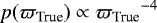 Mathematical equation: \begin{equation*} p({\varpi_{\textrm{True}}}) \propto {\varpi_{\textrm{True}}}^{-4} \end{equation*}