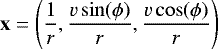 Mathematical equation: \begin{equation*} \mathbf{x} = \left(\frac{1}{r},\frac{v\sin(\phi)}{r},\frac{v\cos(\phi)}{r}\right) \end{equation*}