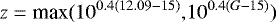 Mathematical equation: \begin{equation*} z = \text{max(}10^{0.4\left(12.09 - 15\right)}\text{,}10^{0.4\left(G-15\right)}\text{)}\end{equation*}