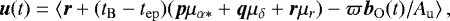 Mathematical equation: \begin{equation*} \boldsymbol{u}(t) = \langle \boldsymbol{r} + (t_{\mathrm{B}}-t_{\mathrm{ep}}) (\boldsymbol{p}\mu_{\alpha*} + \boldsymbol{q}\mu_{\delta} + \boldsymbol{r}\mu_r) - \varpi\boldsymbol{b}_{\mathrm{O}}(t)/A_{\mathrm{u}} \rangle\,,\end{equation*}