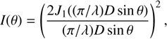 Mathematical equation: $$ I{(\theta)}={(\frac{2J_1{({(\pi/\lambda)D\sin\theta})}}{(\pi/\lambda)D\sin\theta})}^2, $$