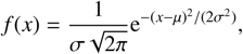 Mathematical equation: $$ f{(x)}=\frac1{\sigma\sqrt{2\pi}}\mathrm e^{-{(x-\mu)}^2/{(2\sigma^2)}}, $$