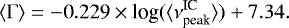 Mathematical equation: \begin{equation*} \langle \mathrm{\Gamma} \rangle=-0.229 \times {\textrm{log}}( \langle \nu_{\textrm{peak}}^{\textrm{IC}} \rangle )+7.34.\end{equation*}