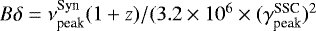 Mathematical equation: $B\delta=\nu^{\textrm{Syn}}_{\textrm{peak}}(1+z)/(3.2\times10^6 \times (\gamma^{\textrm{SSC}}_{\textrm{peak}})^2$