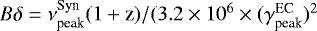 Mathematical equation: $B\delta=\nu^{\textrm{Syn}}_{\textrm{peak}}(1+\textrm{z})/(3.2\times10^6 \times (\gamma^{\textrm{EC}}_{\textrm{peak}})^2$
