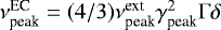 Mathematical equation: $\nu^{\textrm{EC}}_{\textrm{peak}} = (4/3) \nu^{\textrm{ext}}_{\textrm{peak}} \gamma^2_{\textrm{peak}} \mathrm{\Gamma} \delta $