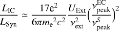 Mathematical equation: \begin{equation*} \frac{L_{\textrm{IC}}}{L_{\textrm{Syn}}} \simeq \frac{17 \textrm{e}^2}{6 \pi {m_{\textrm{e}}}^2 {c}^2} \frac{U_{\textrm{Ext}}}{\nu^2_{\textrm{ext}}} \Big( \frac{\nu^{\textrm{EC}}_{\textrm{peak}}}{\nu^S_{\textrm{peak}}} \Big)^2\end{equation*}