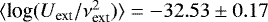 Mathematical equation: $\langle {\textrm{log}}(U_{\textrm{ext}}/\nu^2_{\textrm{ext}}) \rangle = -32.53 \pm 0.17$