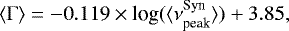Mathematical equation: \begin{equation*} \langle \mathrm{\Gamma} \rangle=-0.119 \times {\textrm{log}}( \langle \nu_{\textrm{peak}}^{\textrm{Syn}} \rangle )+3.85,\end{equation*}