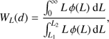 Mathematical equation: $$ W_L{(d)}=\frac{\int_0^\infty L\varphi{(L)\mathrm dL}}{\int_{L_1}^{L_2}L\varphi{(L)\mathrm dL}}, $$