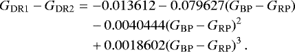 Mathematical equation: \begin{eqnarray*} G_{\mathrm{DR1}}-G_{\mathrm{DR2}} &=&-0.013612 - 0.079627(\ensuremath{G_{\mathrm{BP}}}-\ensuremath{G_{\mathrm{RP}}}) \nonumber\\ && -\, 0.0040444(\ensuremath{G_{\mathrm{BP}}}-\ensuremath{G_{\mathrm{RP}}})^2\nonumber\\ && +\,0.0018602(\ensuremath{G_{\mathrm{BP}}}-\ensuremath{G_{\mathrm{RP}}})^3\,.\end{eqnarray*}