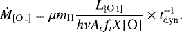 Mathematical equation: \begin{equation*} \dot{M}_{[\ion{O}{i}]} = \mu m_{\textrm{H}} \frac{L_{[\ion{O}{i}]}}{h\nu A_if_iX[\textrm{O}]} \times t_{\textrm{dyn}}^{-1}.\end{equation*}