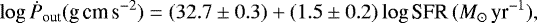 Mathematical equation: \begin{equation*} \log \dot{P}_{\textrm{out}} (\textrm{g\,cm\,s}^{-2}) = (32.7 \pm 0.3) + (1.5 \pm 0.2) \log {\textrm{SFR}}\,(M_{\odot}\, \textrm{yr}^{-1}) ,\end{equation*}