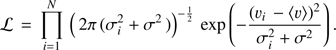 Mathematical equation: $ \begin{aligned} \mathcal L \,=\,\prod _{i=1}^N\,\left( \, 2\pi \,(\sigma _i^2 + \sigma ^2 \, ) \right)^{-\frac{1}{2}}\,\exp \left(-\frac{(v_i \,- \langle v\rangle )^2}{\sigma _i^2 + \sigma ^2} \right) .\end{aligned} $