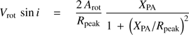 Mathematical equation: $ \begin{aligned} V_\mathrm{rot}\,\sin i\,= \,\frac{2\,A_\mathrm{rot}}{R_\mathrm{peak}}\,\frac{X_\mathrm{PA}}{1\,+\,\left(X_\mathrm{PA}/R_\mathrm{peak}\right)^2} \end{aligned} $