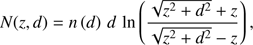 $$ N{(z,d)=n{(d)}\;d}\;\ln{\left(\frac{\sqrt{z^2+d^2}+z}{\sqrt{z^2+d^2}-z}\right)}, $$
